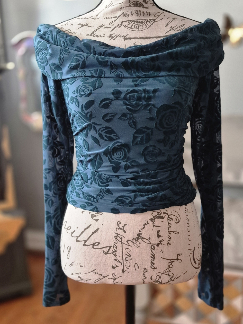 wild fable 90s Vibe Teal Floral Off-the-Shoulder Velvet Burnout Sweater Small